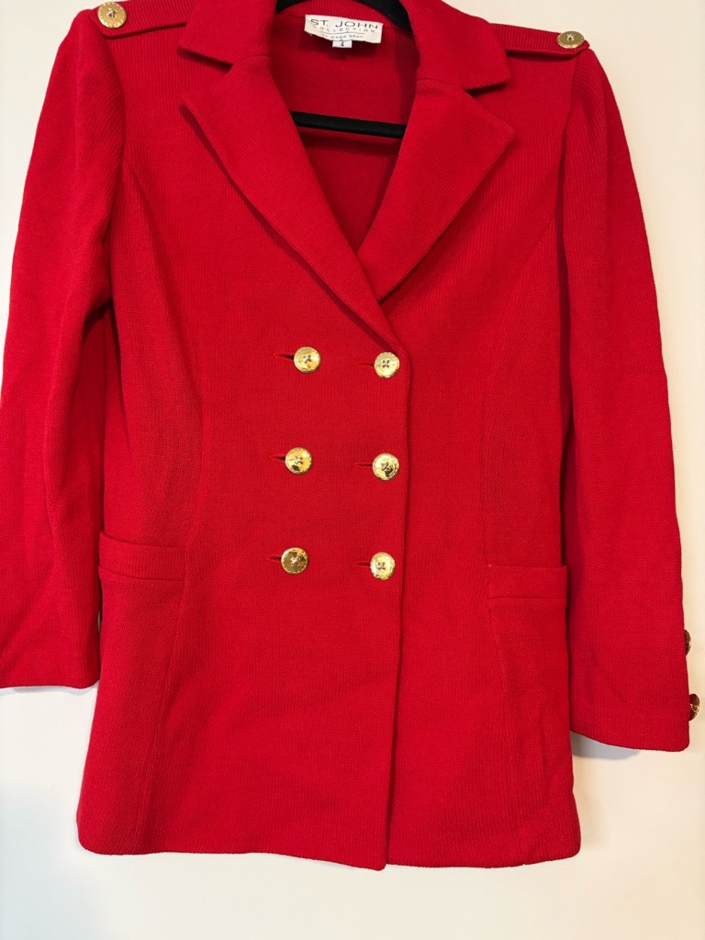 St. John Red Double-Breasted Blazer with Gold Buttons